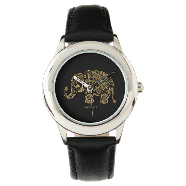 Black & Gold Glitter Floral Elephant Illustration Watch (Front)