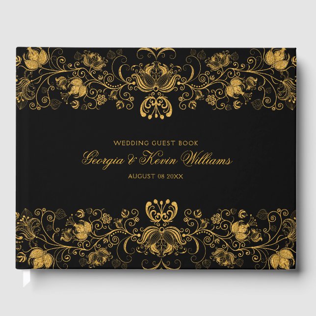 Black & Gold Glitter Floral Lace Border Guest Book (Front)