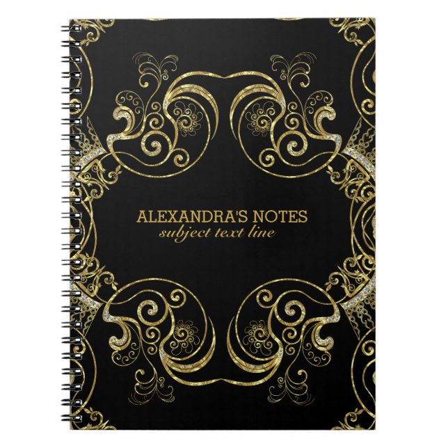 Black & Gold Glitter Floral Lace Frame 2 Spiral Notebook (Front)