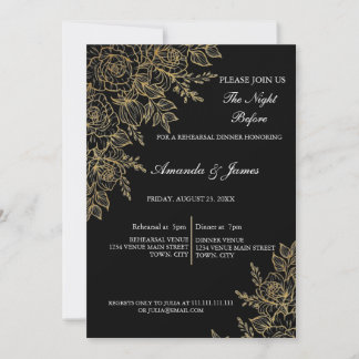 Black Gold Glitter Floral Photo Rehearsal Dinner  Invitation