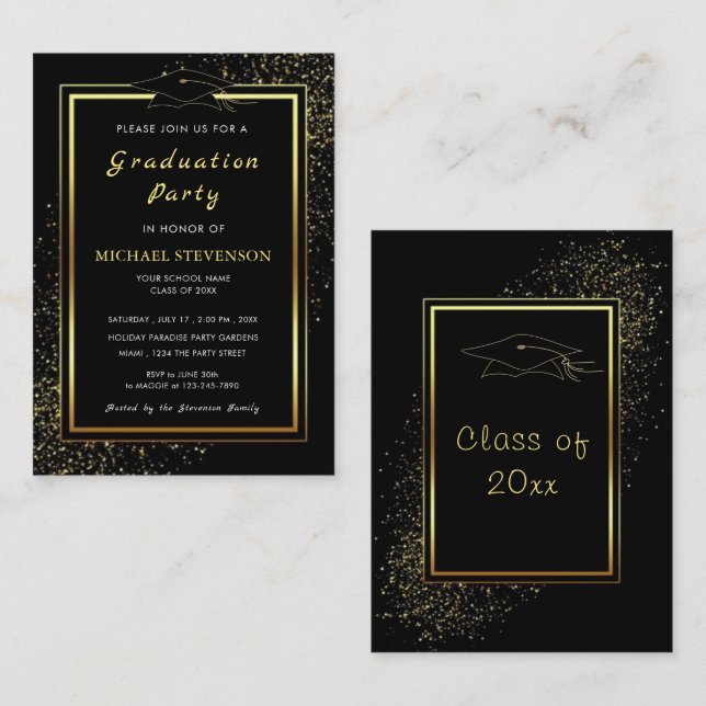 Black Gold Glitter Framed Graduation Invitation (Front/Back)