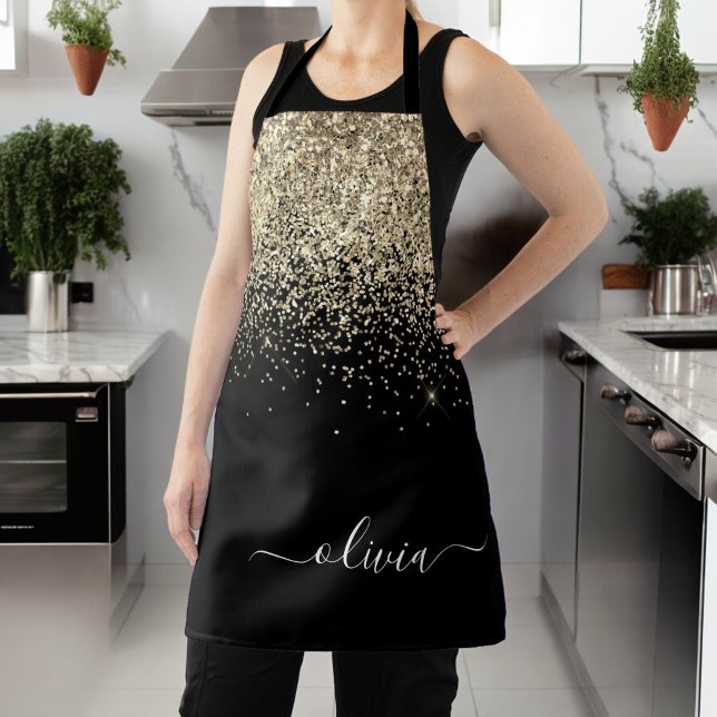 Black Gold Glitter Girly Monogram Name Apron (Creator Uploaded)