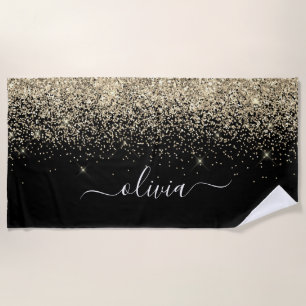 Black Gold Glitter Girly Monogram Name Beach Towel