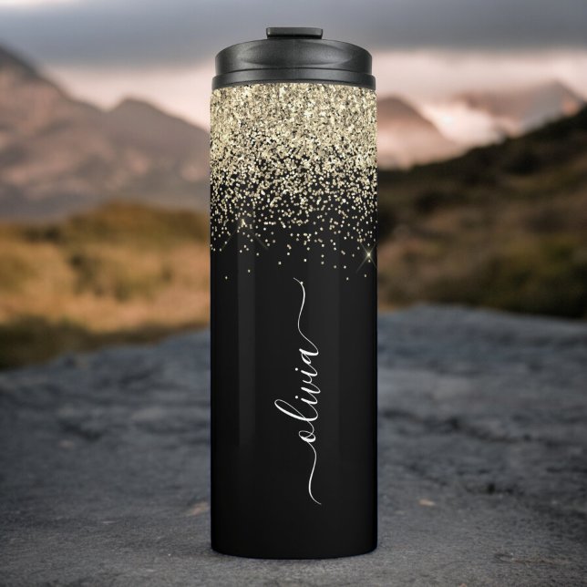 Black Gold Glitter Girly Monogram Name Thermal Tumbler (Creator Uploaded)