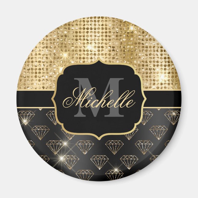Black & Gold Glitter Glam Diamonds & Dots Magnet (Front)