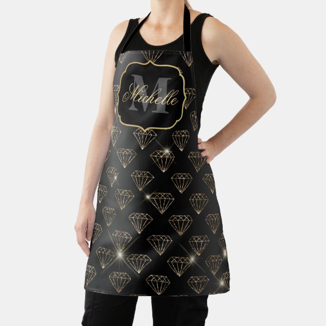 Black & Gold Glitter Glam Diamonds Pattern Apron (Insitu)