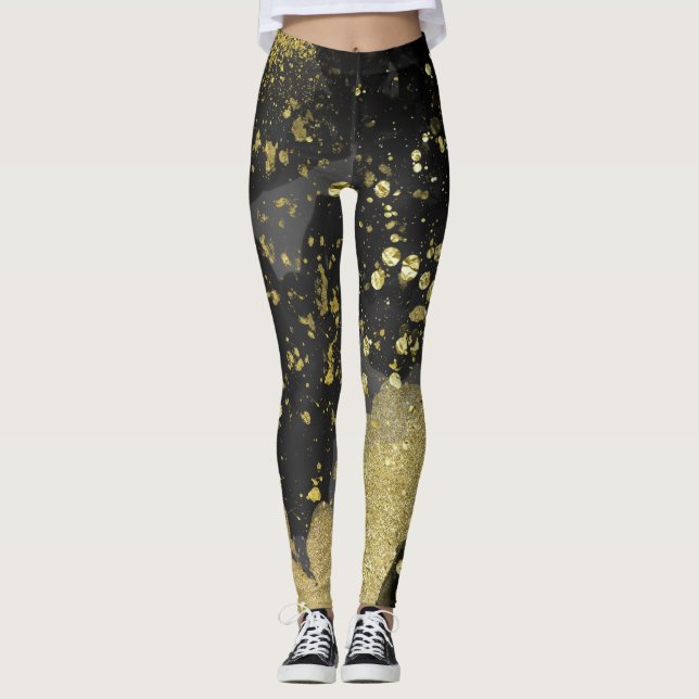 Black & Gold Glitter Glam Grunge Splatter Fashion Leggings (Front)