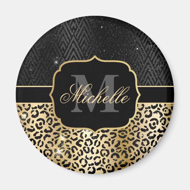 Black & Gold Glitter Glam Leopard Spots & Art Deco Magnet (Front)