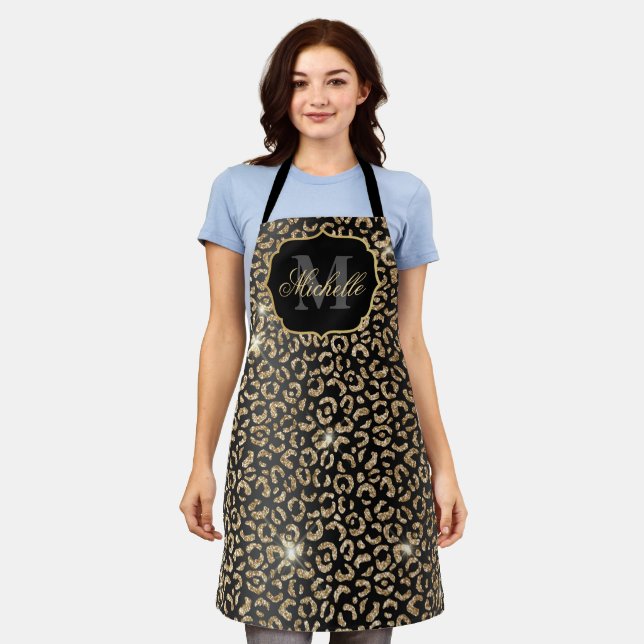 Black & Gold Glitter Glam Leopard Spots Print Apron (Worn)
