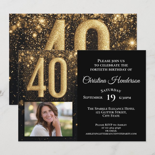Black Gold Glitter Glam Photo 40th Birthday Party Invitation (Front/Back)