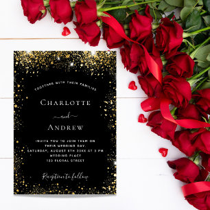 Black gold glitter glamourous wedding invitation postcard