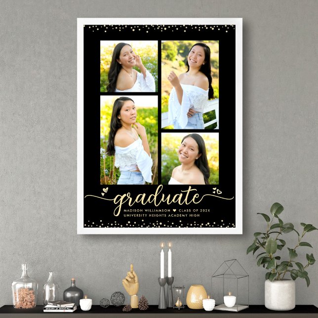 Black Gold Glitter Graduation 4 Photo Script Heart Poster (Creator Uploaded)