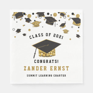 Black & Gold Glitter Graduation Cap Class of 2021 Napkin
