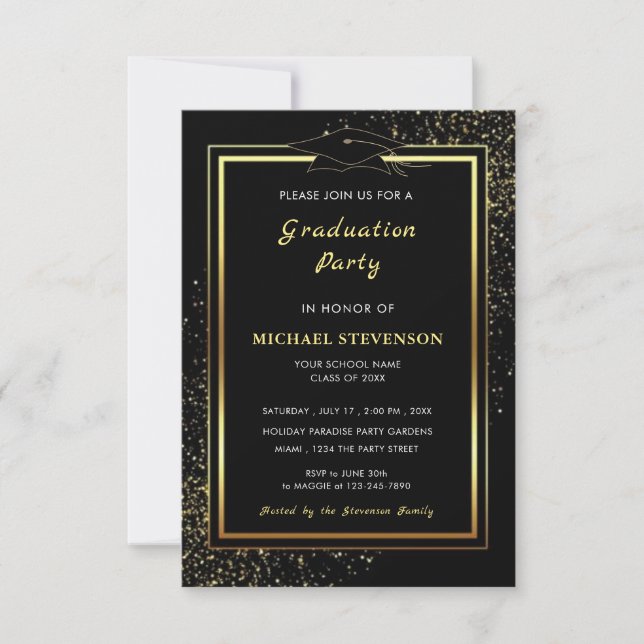 Black Gold Glitter Graduation Invitation Template (Front)