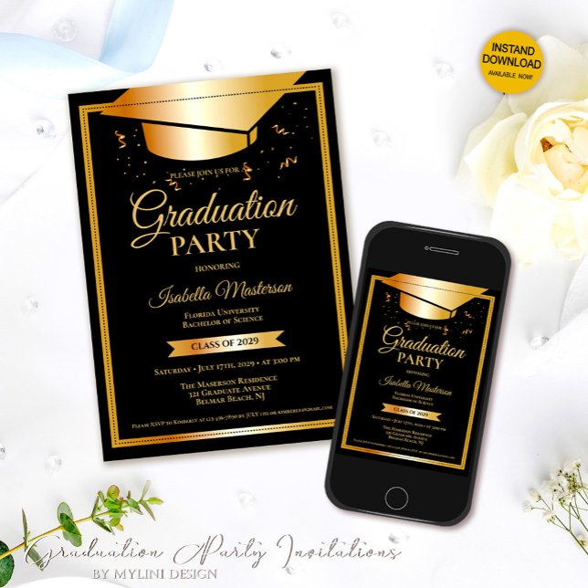 Black Gold Glitter Graduation Party Invitation (Creator Uploaded)