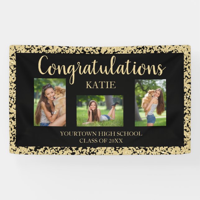 Black Gold Glitter Graduation Party Photo Banner (Horizontal)