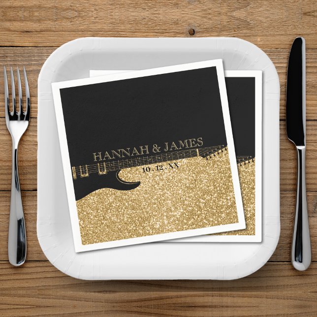 Black & Gold Glitter Guitar Wedding Napkin (Black & Gold Glitter Guitar Wedding Napkins)