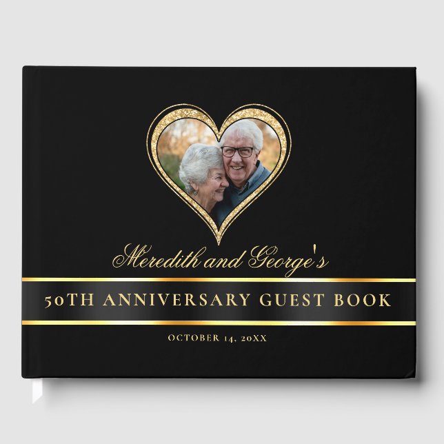 Black Gold Glitter Heart Photo 50th Anniversary Guest Book (Front)