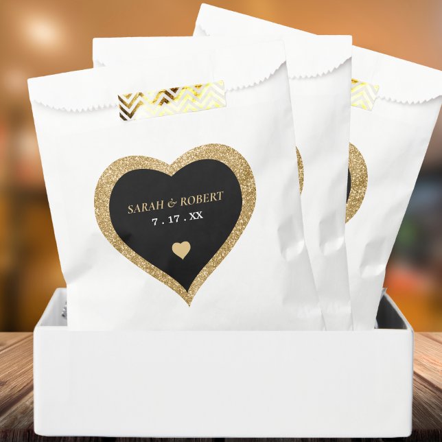 Black & Gold Glitter Heart Wedding Favour Bags (Black & Gold Glitter Heart Wedding Favor Bag)
