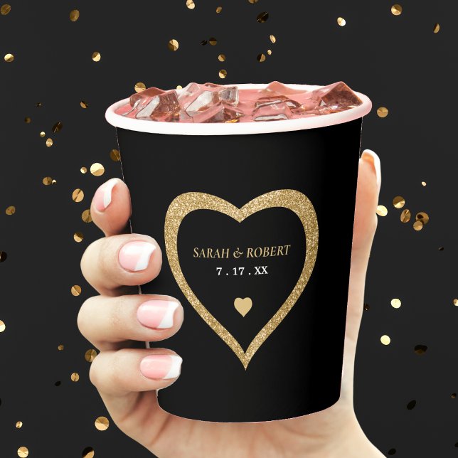 Black & Gold Glitter Heart Wedding Paper Cups (Black & Gold Glitter Heart Wedding Paper Cups)