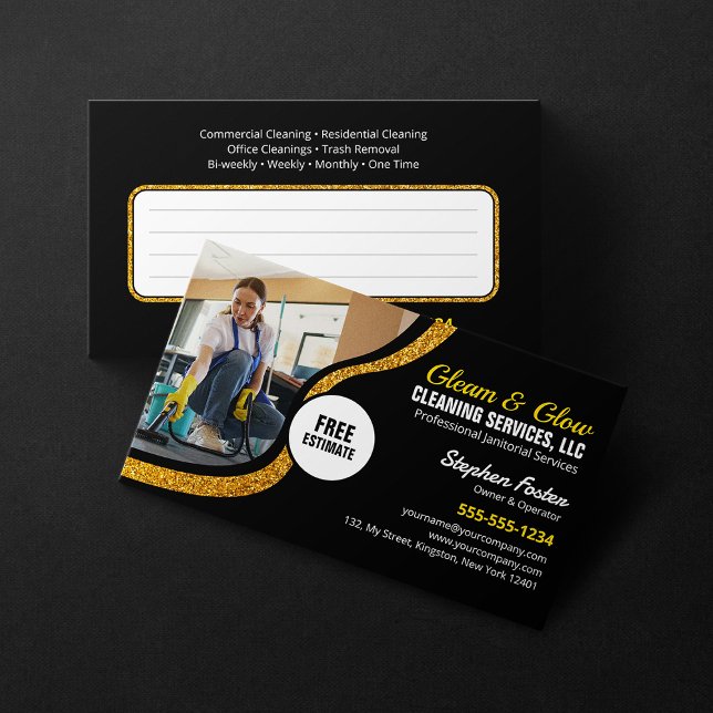 Black Gold Glitter Janitorial Cleaning Service Business Card (Creator Uploaded)