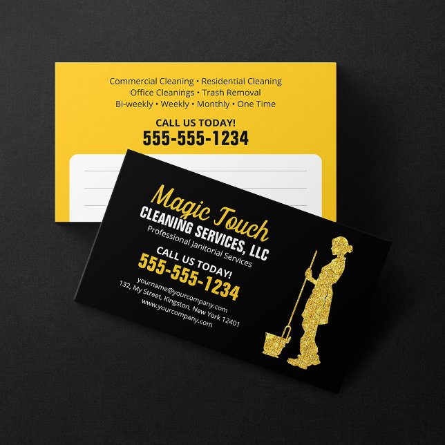 Black Gold Glitter Janitorial Maid House Cleaning Business Card (Creator Uploaded)