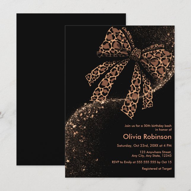 Black Gold Glitter Leopard Print Bow 50th Birthday Invitation (Front/Back)