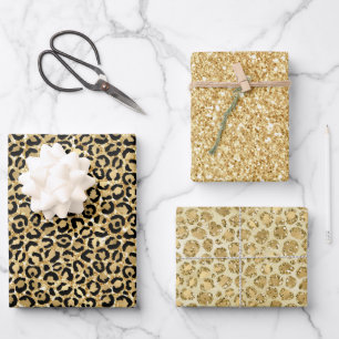 Black Gold Glitter Leopard Print         Wrapping Paper Sheet