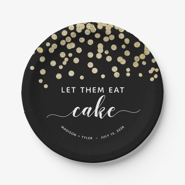 Black & Gold Glitter Let Them Eat Cake Fun Wedding Paper Plate (Front)