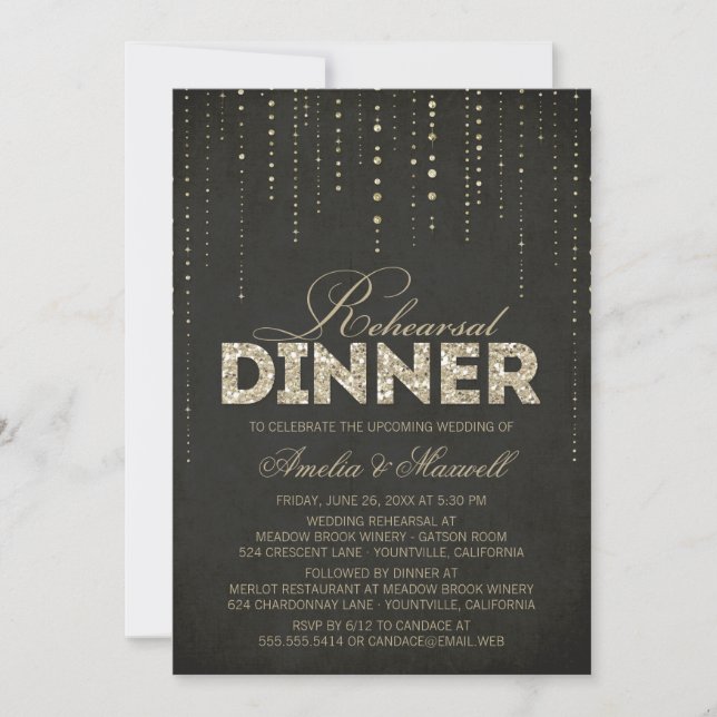 Black & Gold Glitter Look Rehearsal Dinner Invitation (Front)