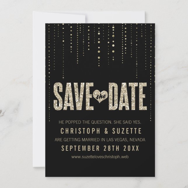 Black & Gold Glitter Look Save The Dates Date (Front)