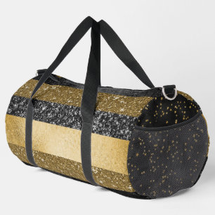BLACK & GOLD GLITTER LOOK STRIPES & STARS DUFFLE BAG