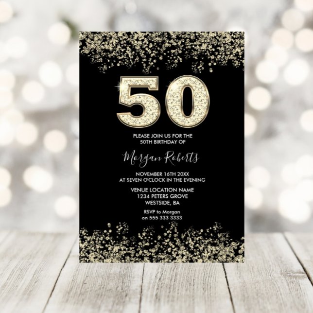 Black Gold Glitter Mens Womans 50th Birthday Party Invitation (Creator Uploaded)