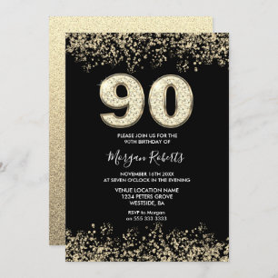 Black Gold Glitter Mens Womans 90th Birthday Party Invitation