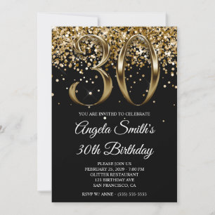 Black Gold Glitter Metallic Look 30th Birthday Invitation