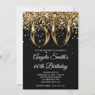 Black Gold Glitter Metallic Look 60th Birthday Invitation