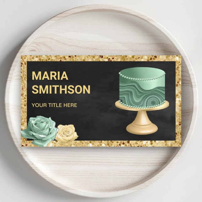 Black Gold Glitter Mint Green Marble Cake Bakery Business Card (Creator Uploaded)