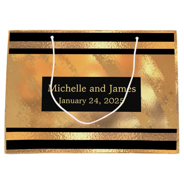Black gold glitter monogram custom names & date large gift bag (Front)
