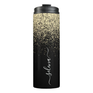 Black Gold Glitter Monogram Girly Thermal Tumbler