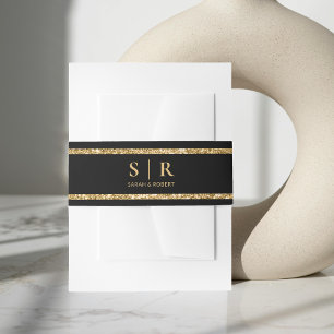 Black & Gold Glitter Monogram Initial Wedding Invitation Belly Band