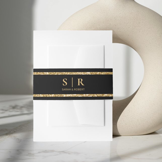 Black & Gold Glitter Monogram Initial Wedding Invitation Belly Band (Black & Gold Glitter Monogram Initial Wedding Invitation Belly Band)