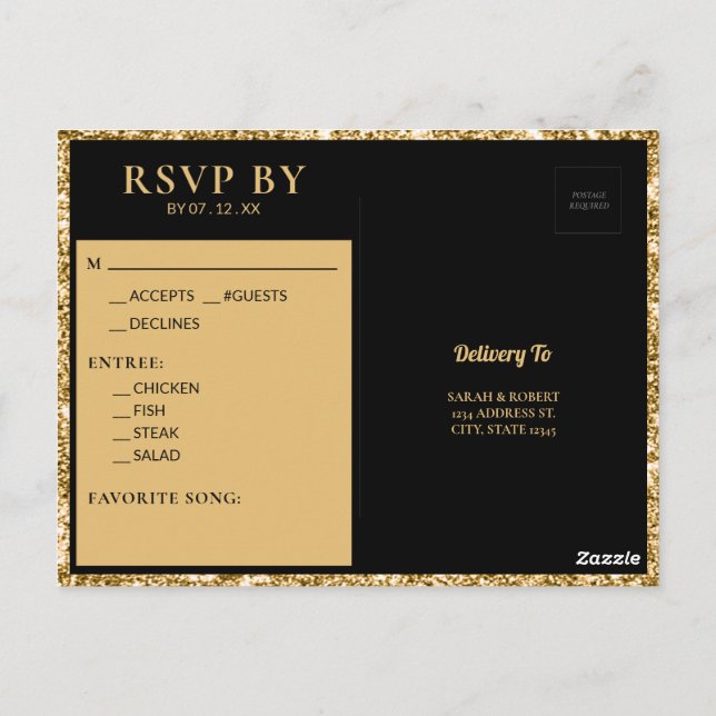 Black & Gold Glitter Monogram Initial Wedding RSVP Postcard (Back)