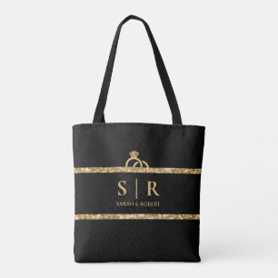 Black & Gold Glitter Monogram Initial Wedding Tote Bag