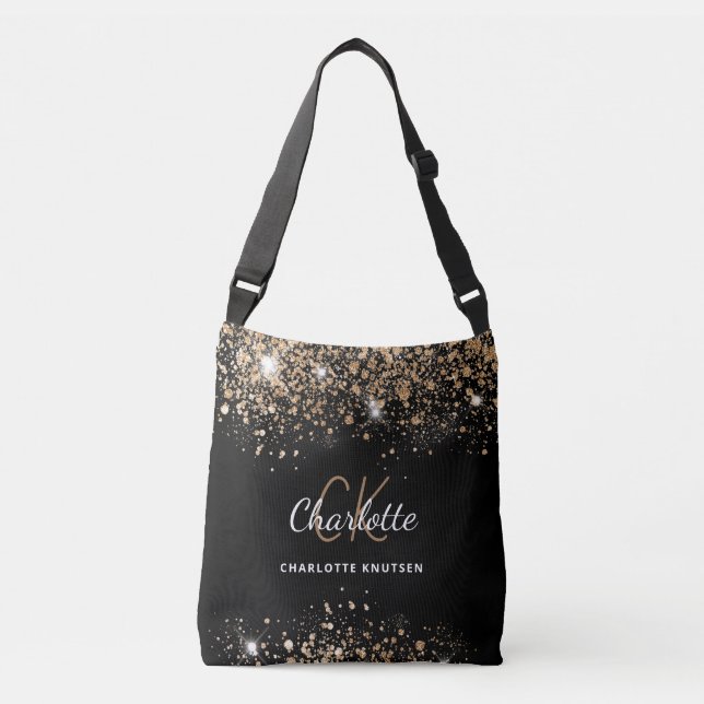 Black gold glitter monogram initials crossbody bag (Front)