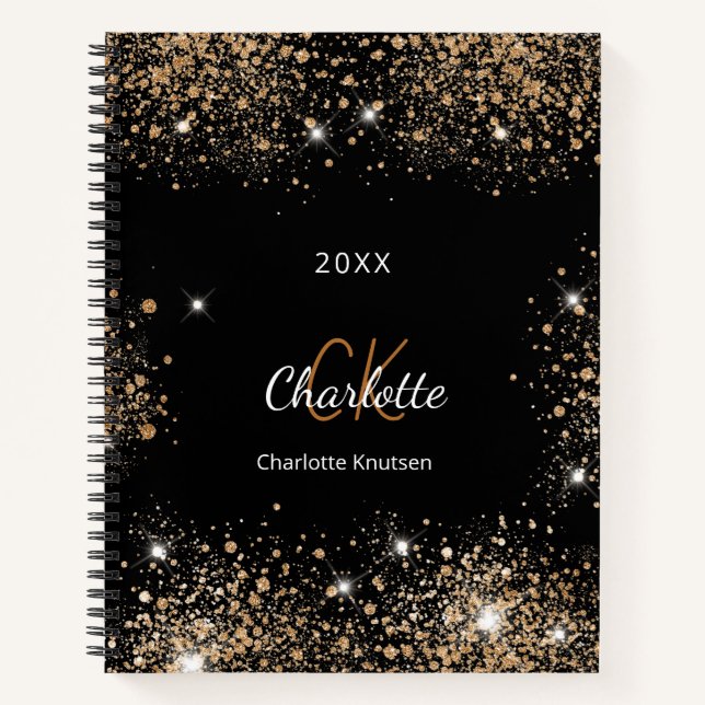 Black gold glitter monogram initials notebook (Front)