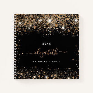 Black gold glitter name script notebook