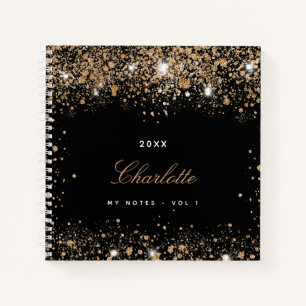 Black gold glitter name script notebook