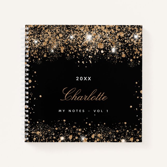 Black gold glitter name script notebook (Front)