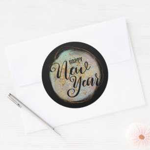 Black Gold Glitter New Year Classic Round Sticker