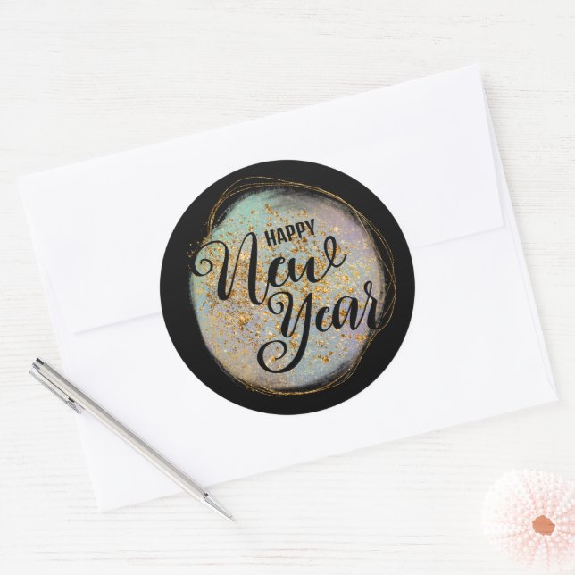 Black Gold Glitter New Year Classic Round Sticker (Envelope)